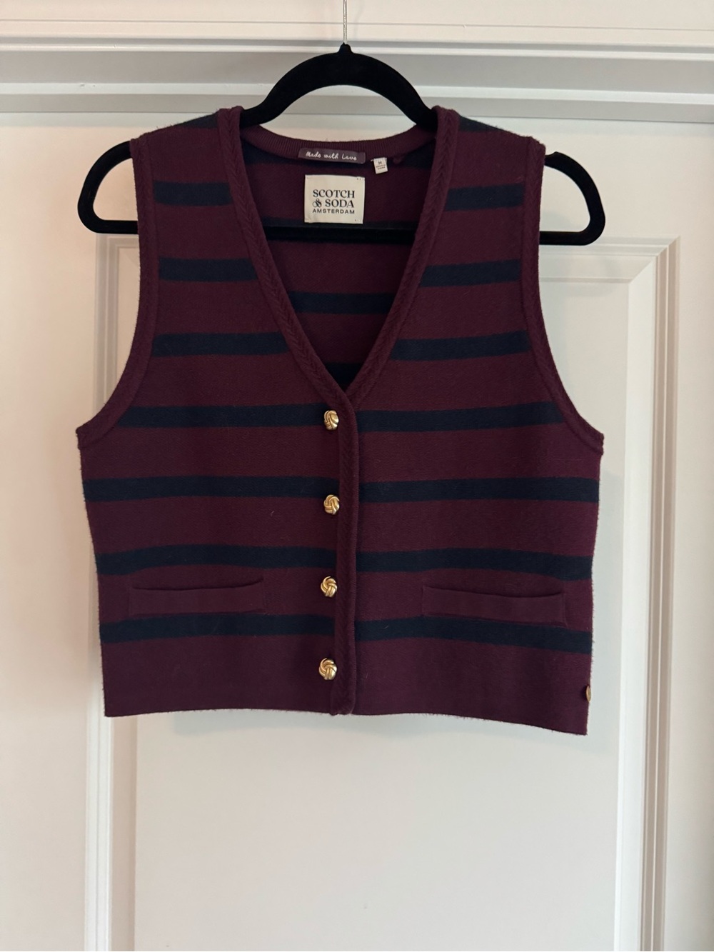 NWOT Scotch & Soda Burgundy and Navy Striped Knit Vest with Gold Buttons